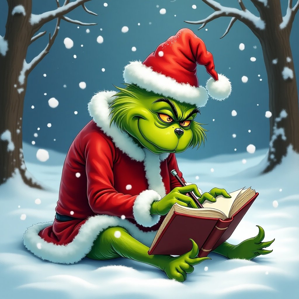 Image of the Grinch in a red Santa outfit. He writes in a book while sitting in the snow. Surrounding snowy landscape creates a winter atmosphere. Snowflakes are falling gently. Green fur contrasts with red outfit. Writing Savage in the snow.