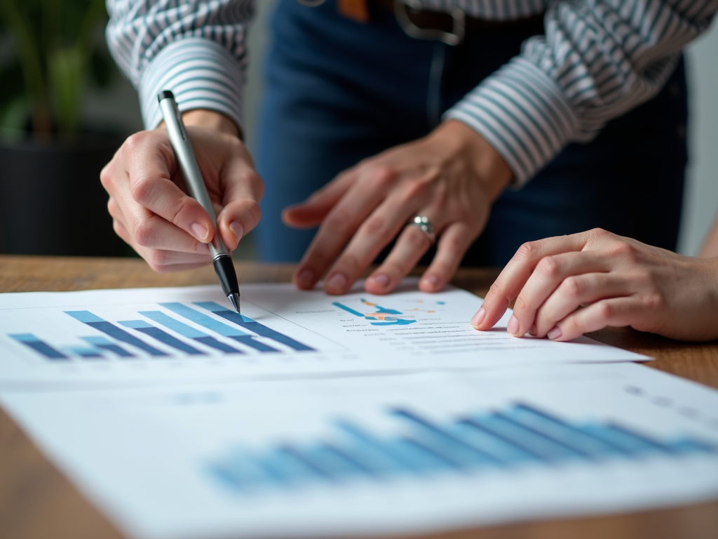 Two people are studying charts and graphs on printed sheets at a table.