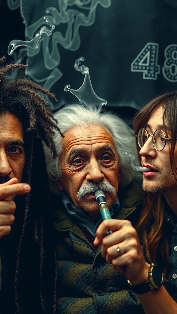 A man resembling Albert Einstein is surrounded by two younger individuals, all enjoying pipes with whimsical smoke patterns.