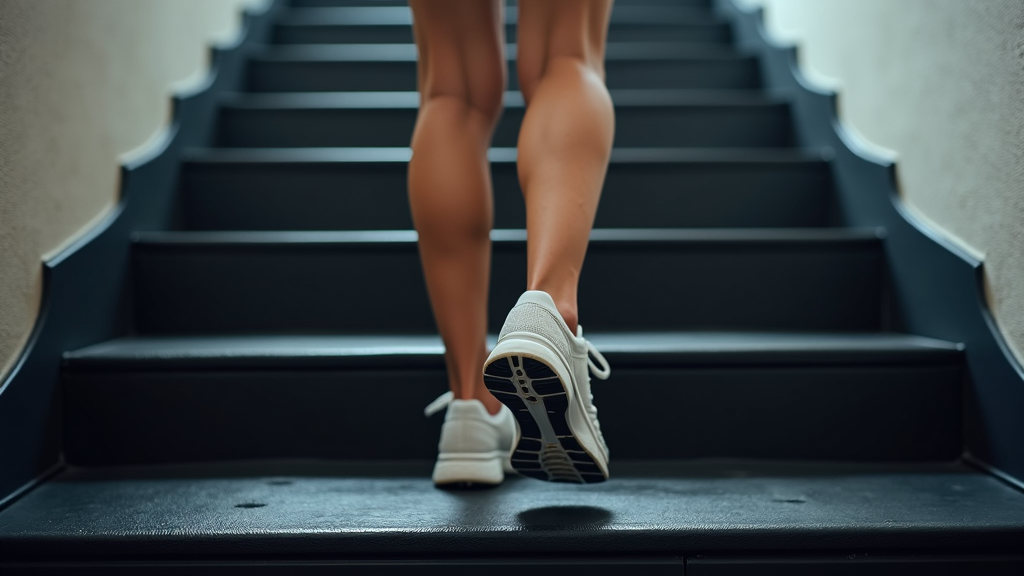 A person wearing white sneakers ascends a modern, dimly lit stairway.