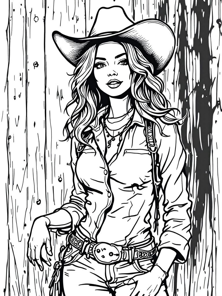 Cowgirl in stylish outfit. Poses flirtatiously against a wooden backdrop. Black and white vector outline illustration with a gradient tone.