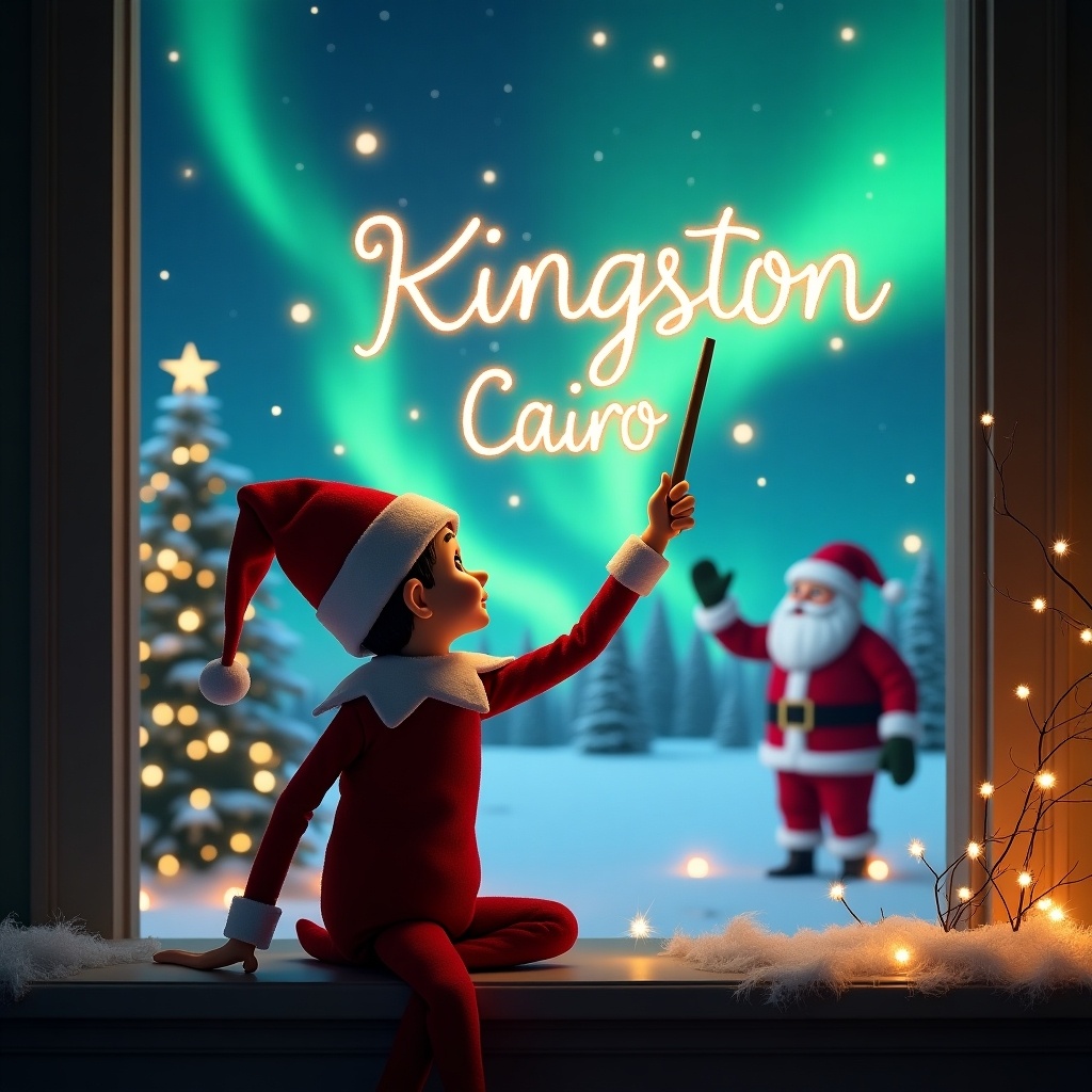 This image captures an enchanting Christmas scene. An elf on the shelf, with his back facing the viewer, looks up at the sky. He is using a magic wand to write the names 'Kingston' and 'Cairo' in the air. In the background, a beautiful display of Northern Lights colors the sky. Santa Claus can be seen in the distance, adding to the festive atmosphere. The setting includes a decorated Christmas tree and twinkling lights, creating a magical holiday feeling.