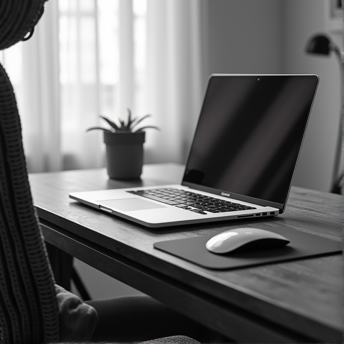 A sleek laptop and a mouse on a wooden desk with a small plant nearby in a sunlit room.