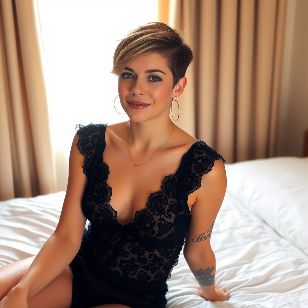 A woman with short hair sitting on a bed, wearing a black lace dress and hoop earrings.