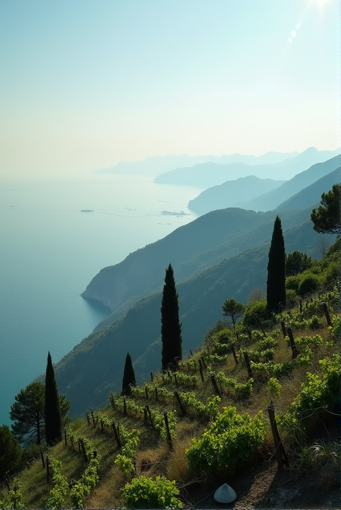 A tranquil vineyard slopes gently towards a misty coastal horizon with layered hills and a softly glowing sky.