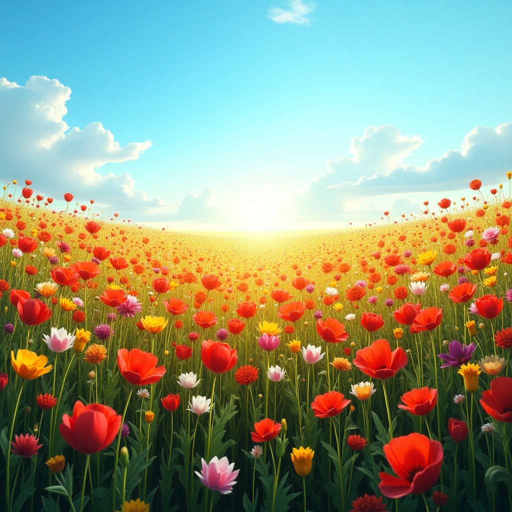 Wide view of a colorful flower field under a clear blue sky with sunlight