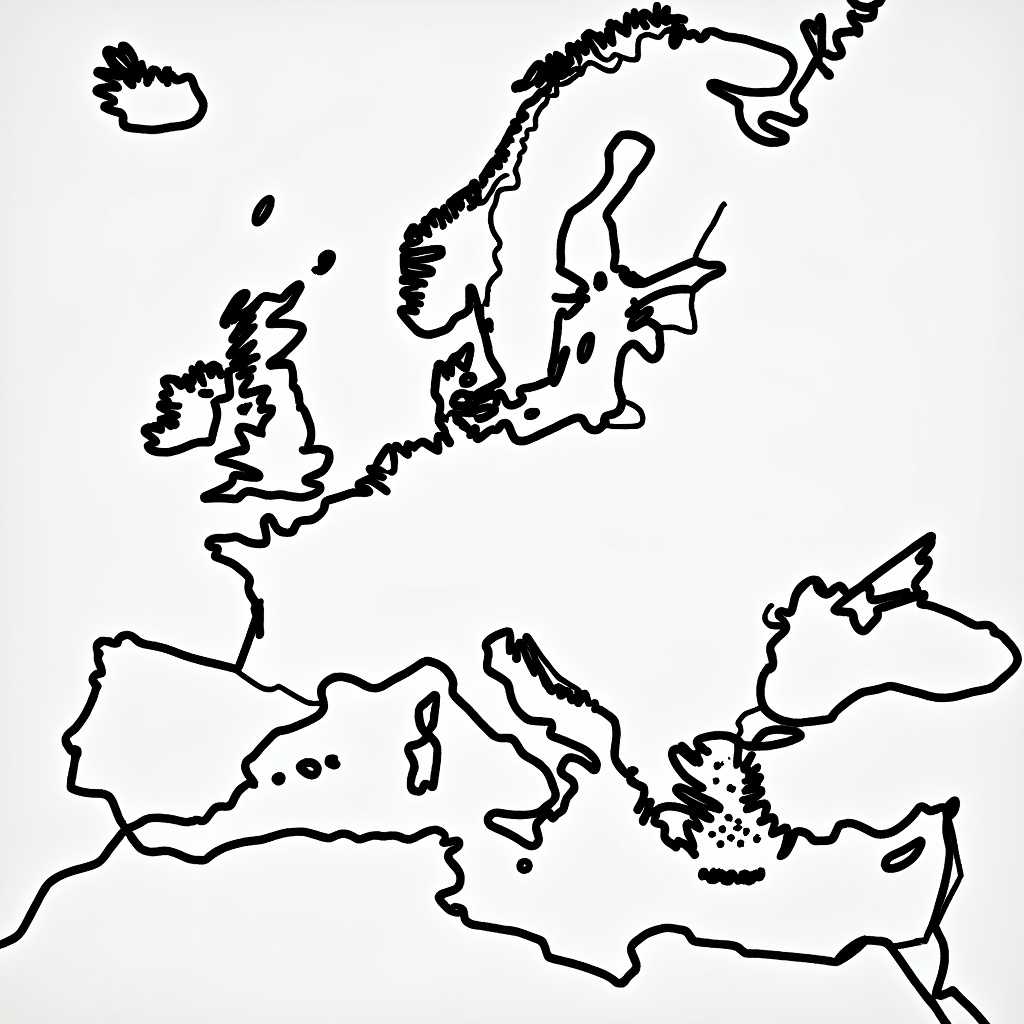 This image is a clean and blank map of Europe and parts of the surrounding regions. It features an outline style, showing the shapes of various countries and geographical areas. Key historical locations are marked for reference. The image is simple and ideal for educational purposes. It can be used in materials discussing historical events and geography.