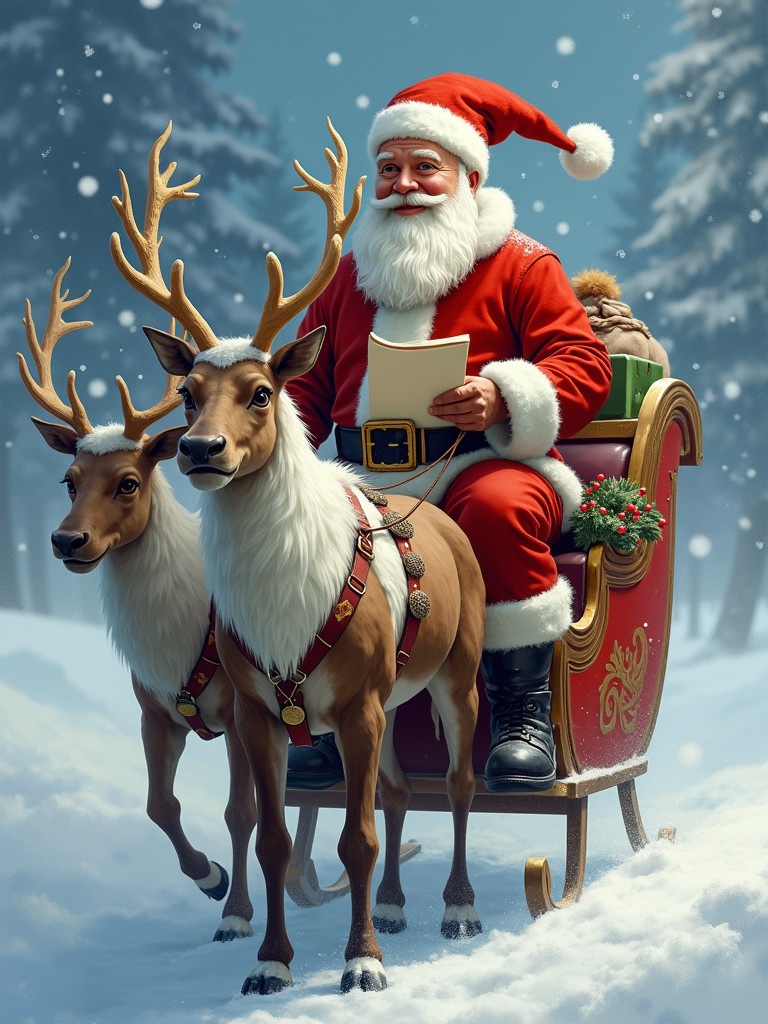 Realistic depiction of Santa Claus on a sleigh pulled by a realistic reindeer in a snowy landscape. Santa wears a classic red suit with white fur trim. Soft snowfall adds to the wintery atmosphere. Santa has a list in his hand and is smiling warmly.