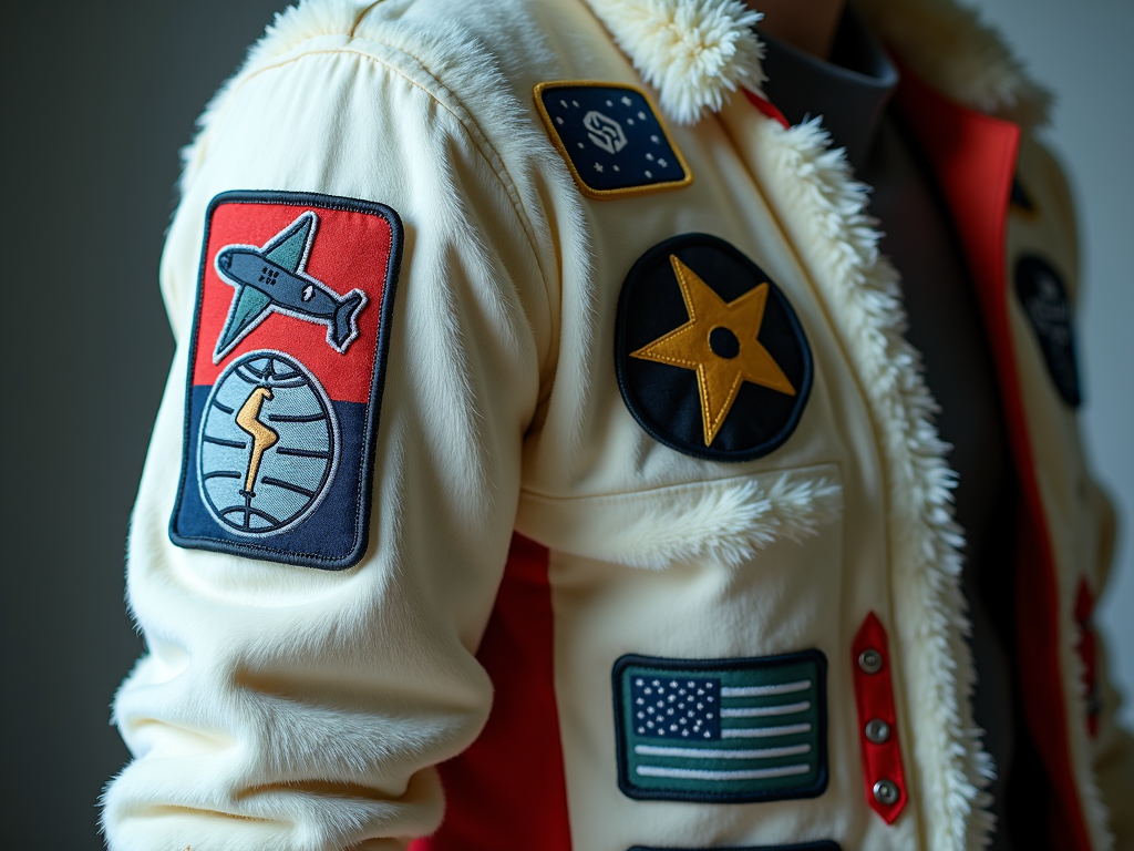 A close-up of an off-white fleece jacket adorned with various colorful patches, including an airplane and a globe, adding a sense of adventure.