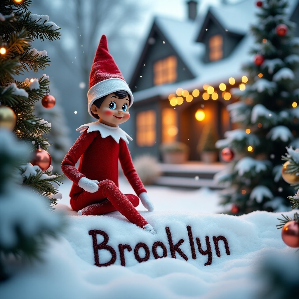 A festive Elf on the Shelf character is outside in a snow-covered landscape. The elf, dressed in red and white, is smiling while writing the name 'Brooklyn' in the soft snow. In the background, a charming house is decorated with warm lights, adding to the cozy atmosphere. Snowy Christmas trees surround the scene, highlighting the holiday spirit. The entire setting evokes a cheerful and warm holiday feeling, perfect for the season.