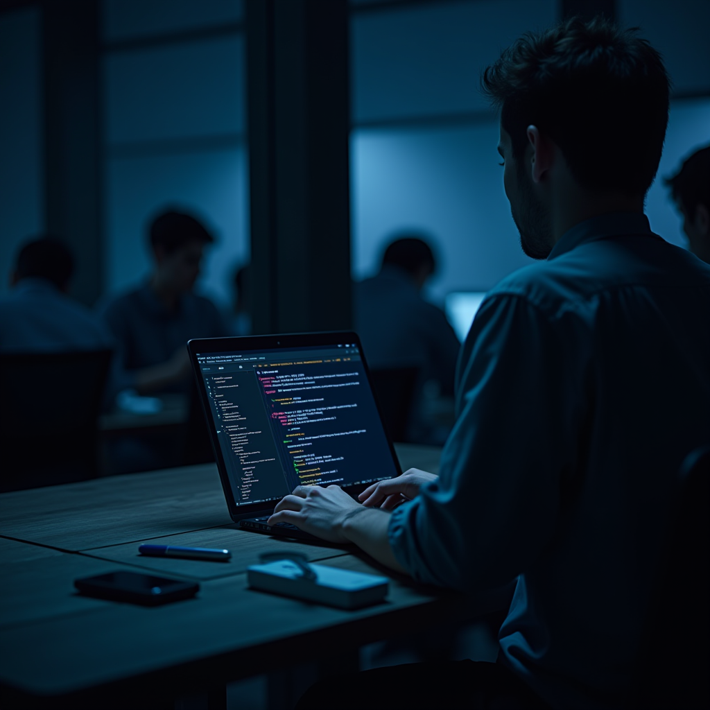 A person is working late at night in a dimly lit office, focused on writing code on their laptop with several colleagues in the background.