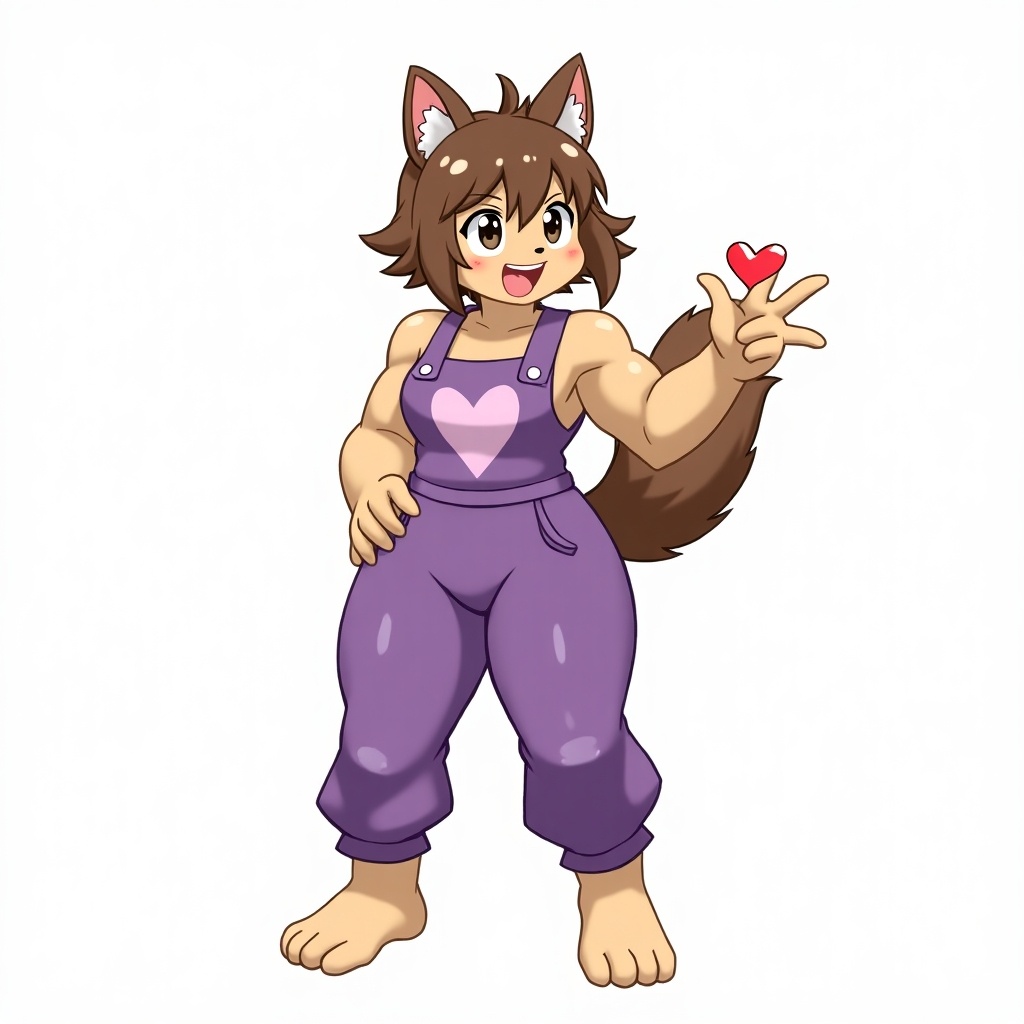 A furry anime girl stands with a confident pose, showcasing her strong physique in purple overalls. Her legs and feet are bare, emphasizing her muscular build. The cute brown hair frames her face and adds to her approachable demeanor. A heart design on her overalls and a red heart-shaped object in her hand adds a playful element to her character. The overall atmosphere is vibrant and inviting, perfect for engaging a youthful audience.