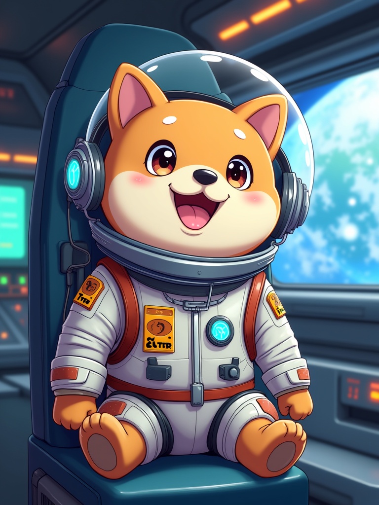 A cute animated cartoon chubby Shiba dog is dressed in a futuristic astronaut suit. The dog sits excitedly in a spaceship cockpit. The suit has a badge labelled $TRP. It has sparkling eyes and a transparent helmet with headphones. The interior is high-tech with glowing buttons and screens. A large window shows Earth from space. The image has a vibrant anime-style aesthetic.