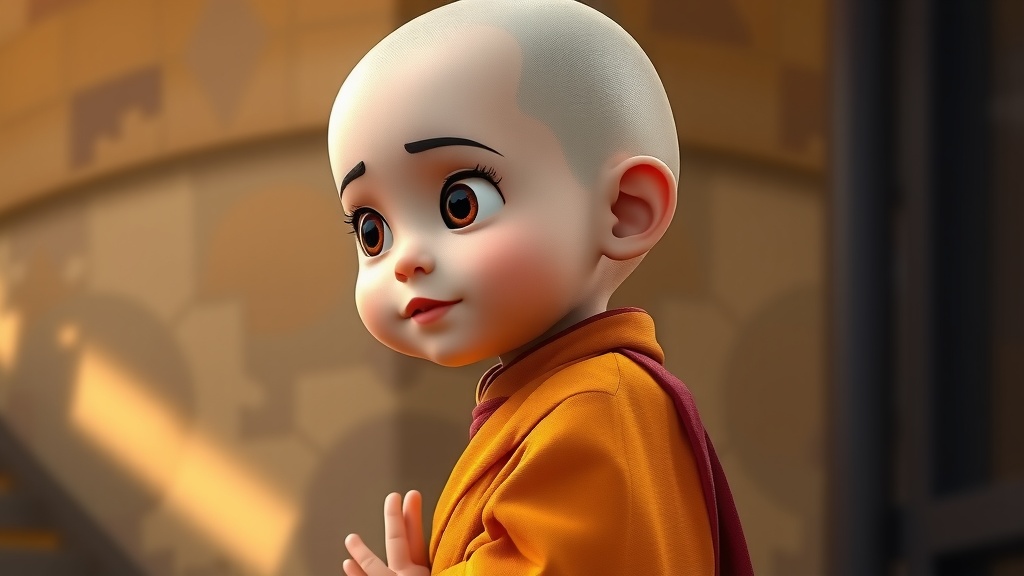 A cute cartoon child monk with big expressive eyes in an orange robe.