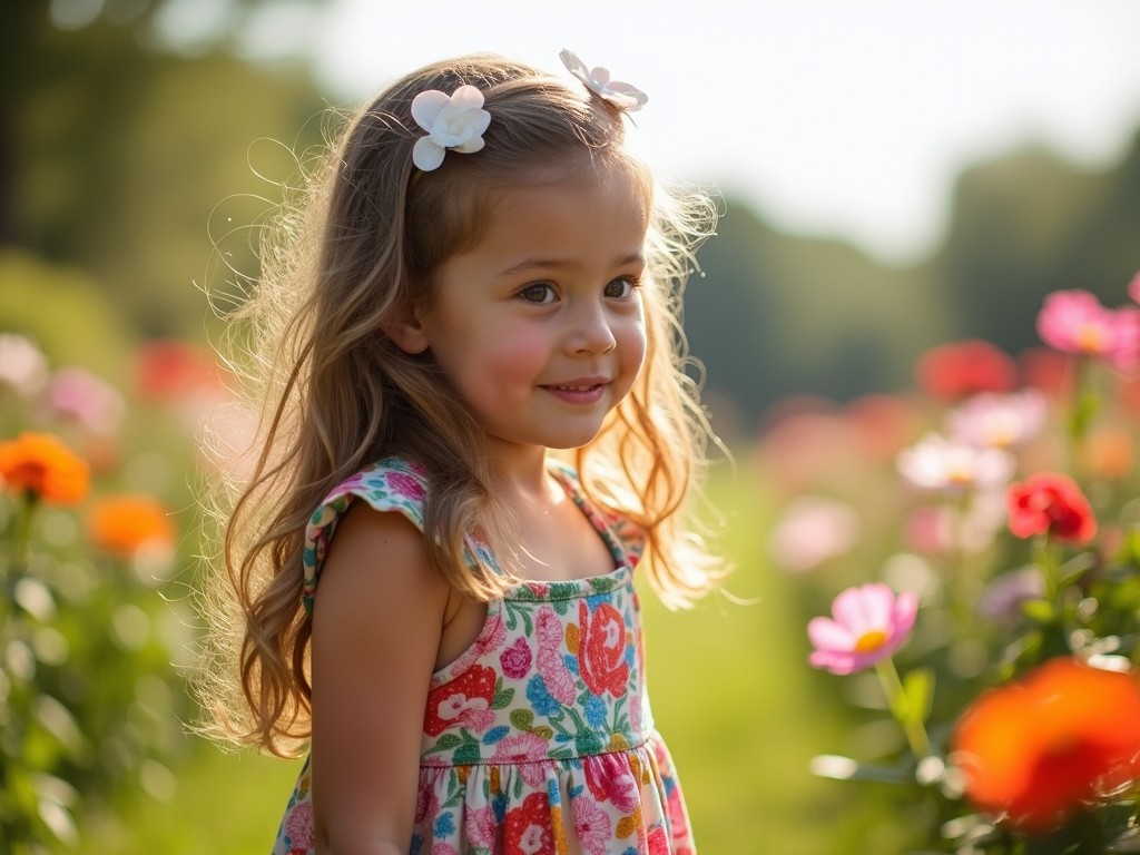 The image features a young girl standing amidst colorful flowers in a field. She has long, wavy hair adorned with two small white flower clips. Dressed in a vibrant floral pattern, she exhibits a joyful smile that brightens the scene. The background consists of various blooming flowers in shades of red, pink, and yellow, contrasting beautifully with the lush green grass. The sunlight creates a soft glow, enhancing the cheerful ambiance of this outdoor setting.