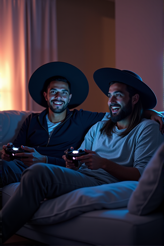 Two men wearing wide-brimmed hats are sitting on a couch playing video games with joy.