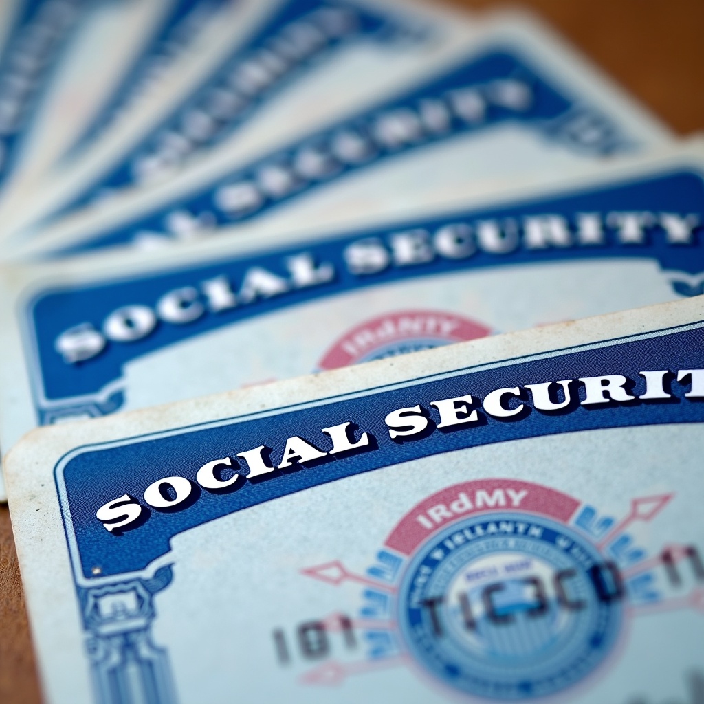 This image features multiple Social Security cards, which are commonly used for identification purposes in the United States. The cards are organized in a slight fan, showcasing their design and essential elements. The phrase 'Social Security' is prominently displayed at the top of each card, highlighting its significance. The color scheme includes characteristic blue, white, and red colors of U.S. government documents. This close-up view serves to educate viewers on the format, usage, and design of these important cards. It also emphasizes the need for safeguarding personal information to prevent identity theft.