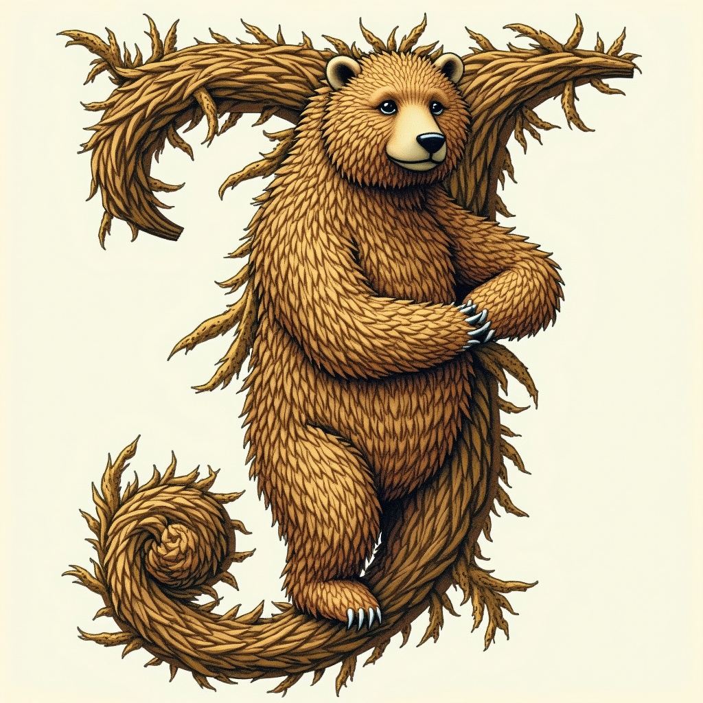 Artistic design of an illuminated capital letter J. The design incorporates the figure of a bear styled to represent the whittlesea straw bear. The bear is adorned with fluffy fur and is surrounded by spiraling vines.