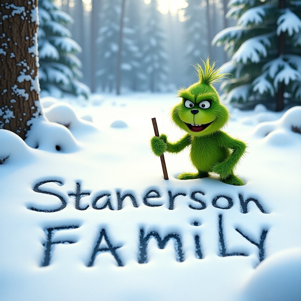 Playful green Grinch character writes in snow. Simple letters spell Stanerson family. Surrounded by snowy evergreen trees. Charming winter scenery enhances the cheerful mood.