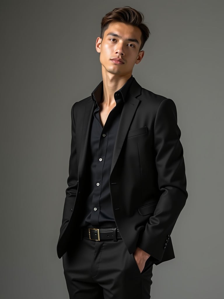 Stylish young man in a black suit stands confidently. He has a slim build and short brown hair. The outfit is sleek and elegant. The background is neutral to emphasize the attire.