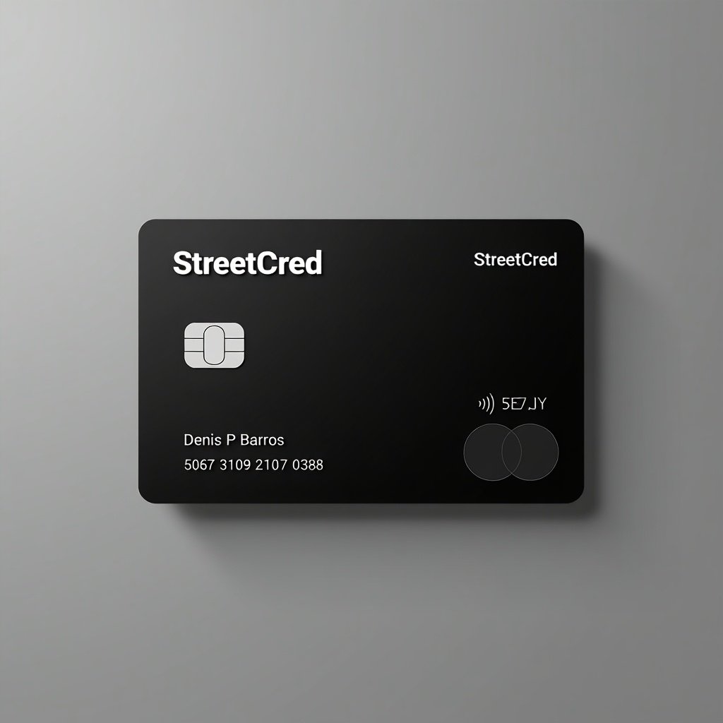 Sleek black credit card displayed against a gray background. Features text 'StreetCred' in a modern font. Card number and name displayed clearly. Includes a contactless payment symbol. Conveys sophistication and modern banking.