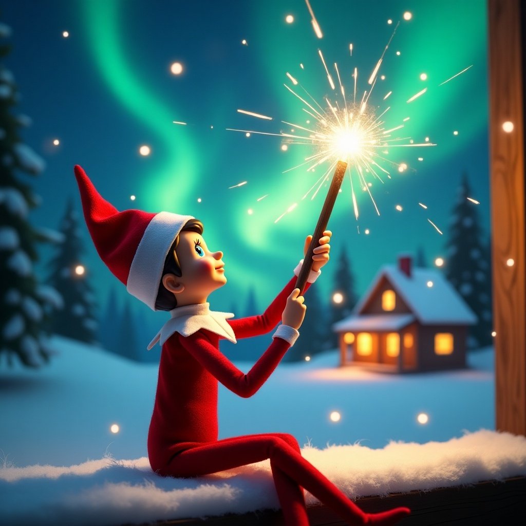 An elf on the shelf gazes skyward. It holds a glowing wand that sparkles. Background features colorful northern lights and a cozy decorated house. Snow covers the ground. Words appear in the air created by the wand, spreading holiday cheer.