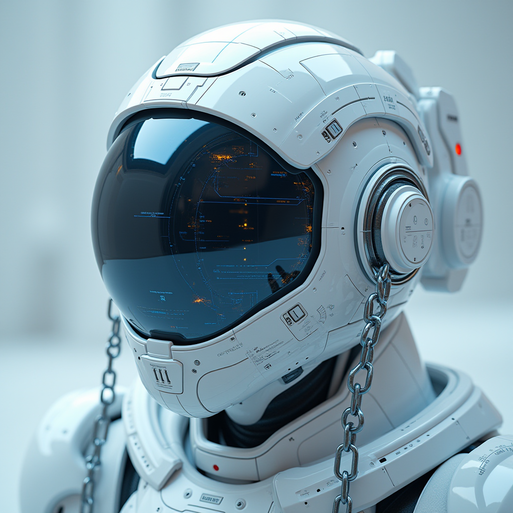 A detailed depiction of a futuristic cyborg wearing a helmet with holographic interfaces.