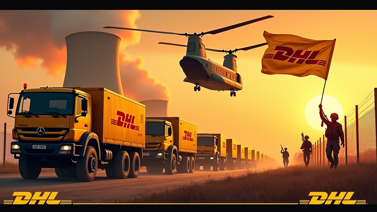 In a dramatic scene, multiple yellow armoured trucks adorned with the DHL logo approach a fence. Soldiers with rifles march in unison nearby, while one stands tall, holding a flag that features the DHL logo. The background highlights a nuclear power plant, adding an industrial feel. A large Chinook cargo helicopter flies above, amplifying the scene's intensity. The sky is a vibrant orange from the fiery sunset, enhancing the dramatic atmosphere. The bottom of the image shows the DHL logo in bold yellow.