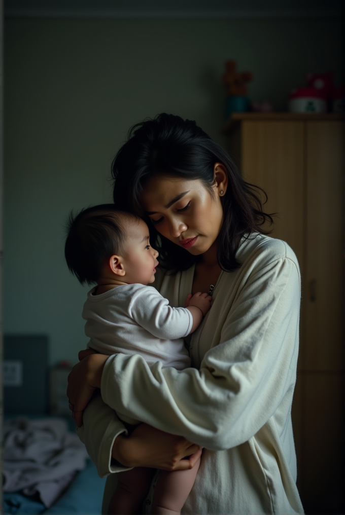 A woman lovingly holds a baby, creating an intimate and serene moment.