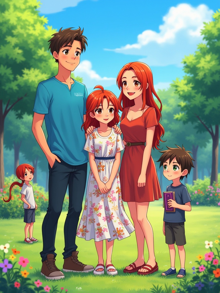 A happy family of five in an outdoor park. Logan wears a blue shirt holding Ella-Ri's shoulder. Ella-Ri has red hair in a floral dress. Aleia stands thoughtfully with a book. Ethan and Jaiden play with a frisbee in the background. The setting is lively with trees and flowers and a bright blue sky.