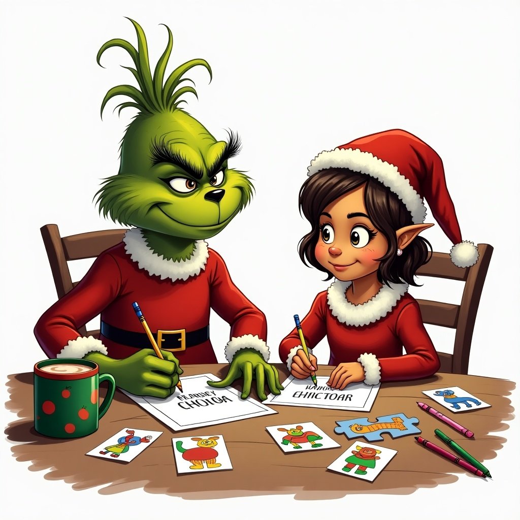 The Grinch and a girl dressed as an elf writing names with crayons at a table. Puzzles and coloring materials are present. A cup of hot chocolate in a Grinch mug is on the table. Transparent background.