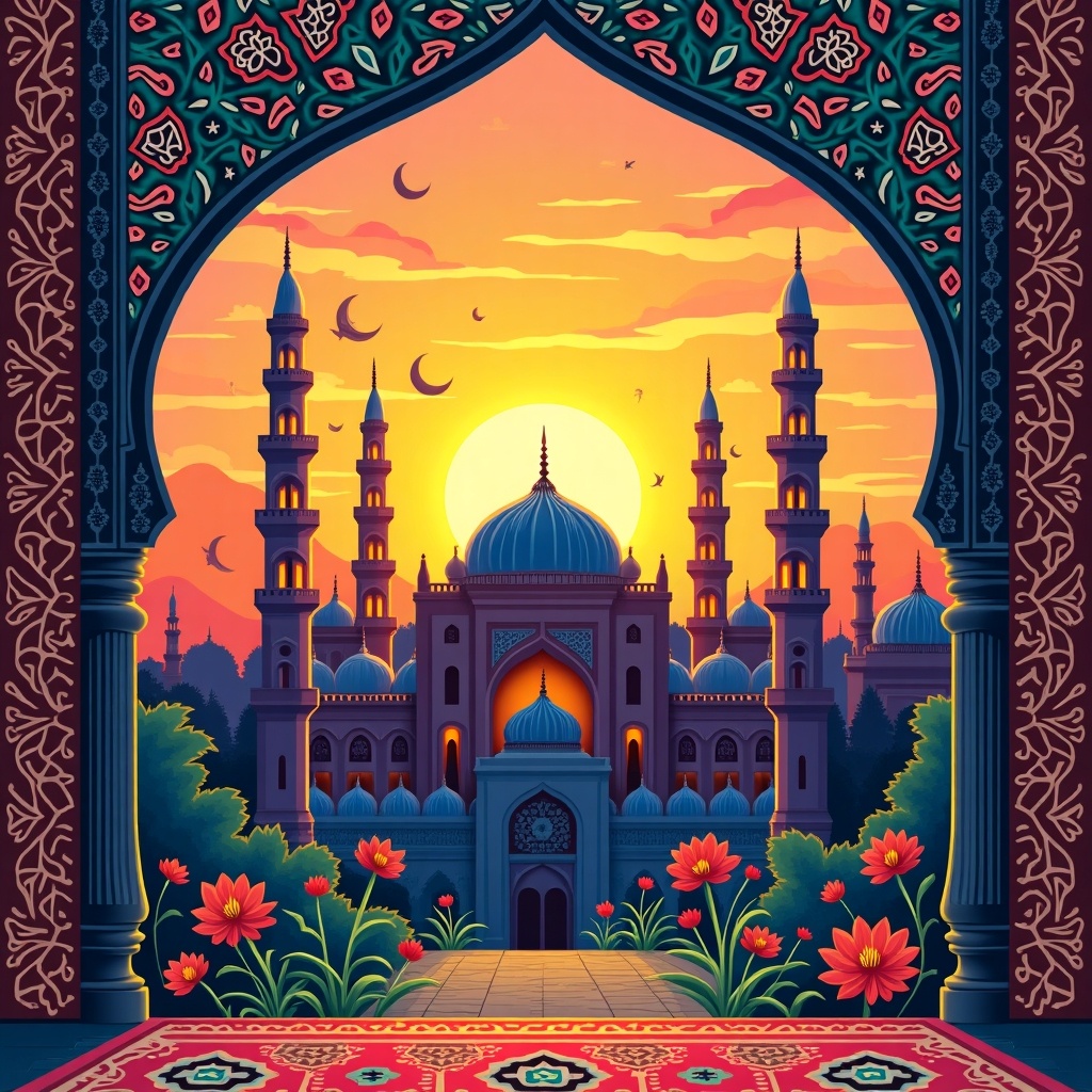 Islamic mosque with minarets and flowers at sunset. The scene is colorful and vibrant. The background shows a sunset with crescent moons. An archway frames the view.