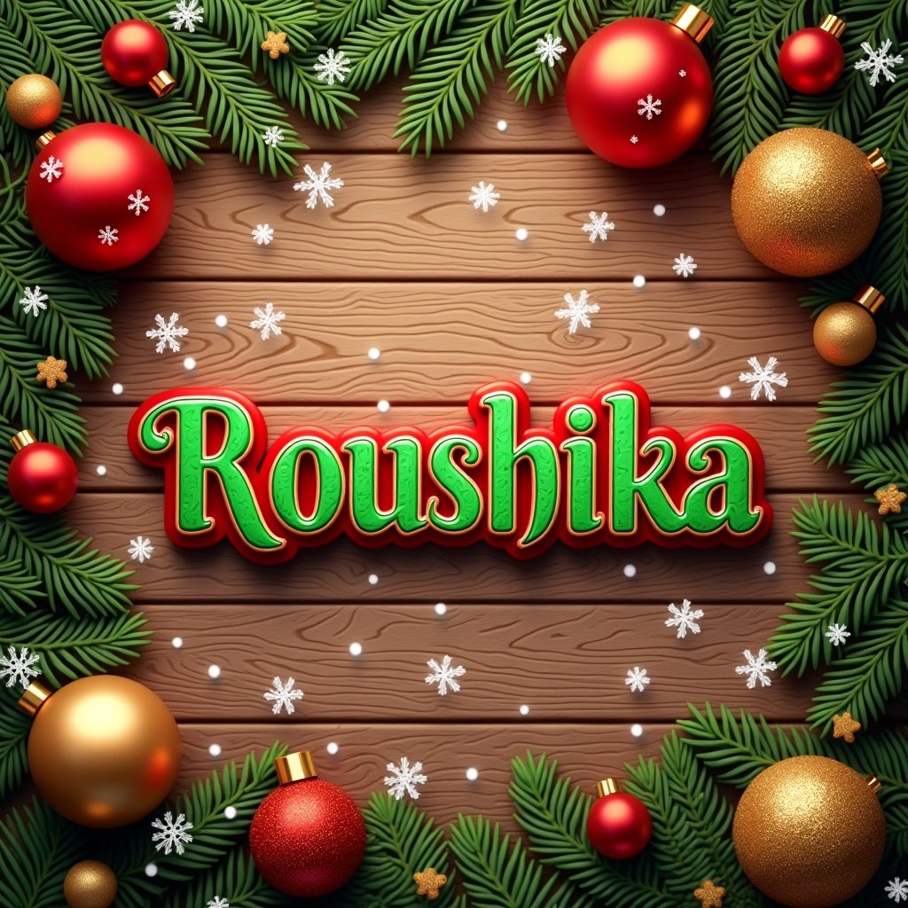 A festive and warm Christmas-themed design features the name Roushika in bright red and green lettering. The scene is surrounded by gold and red ornaments along with evergreen branches. Snowflakes decorate the background. The backdrop shows a warm wooden texture, highlighting the festive elements.