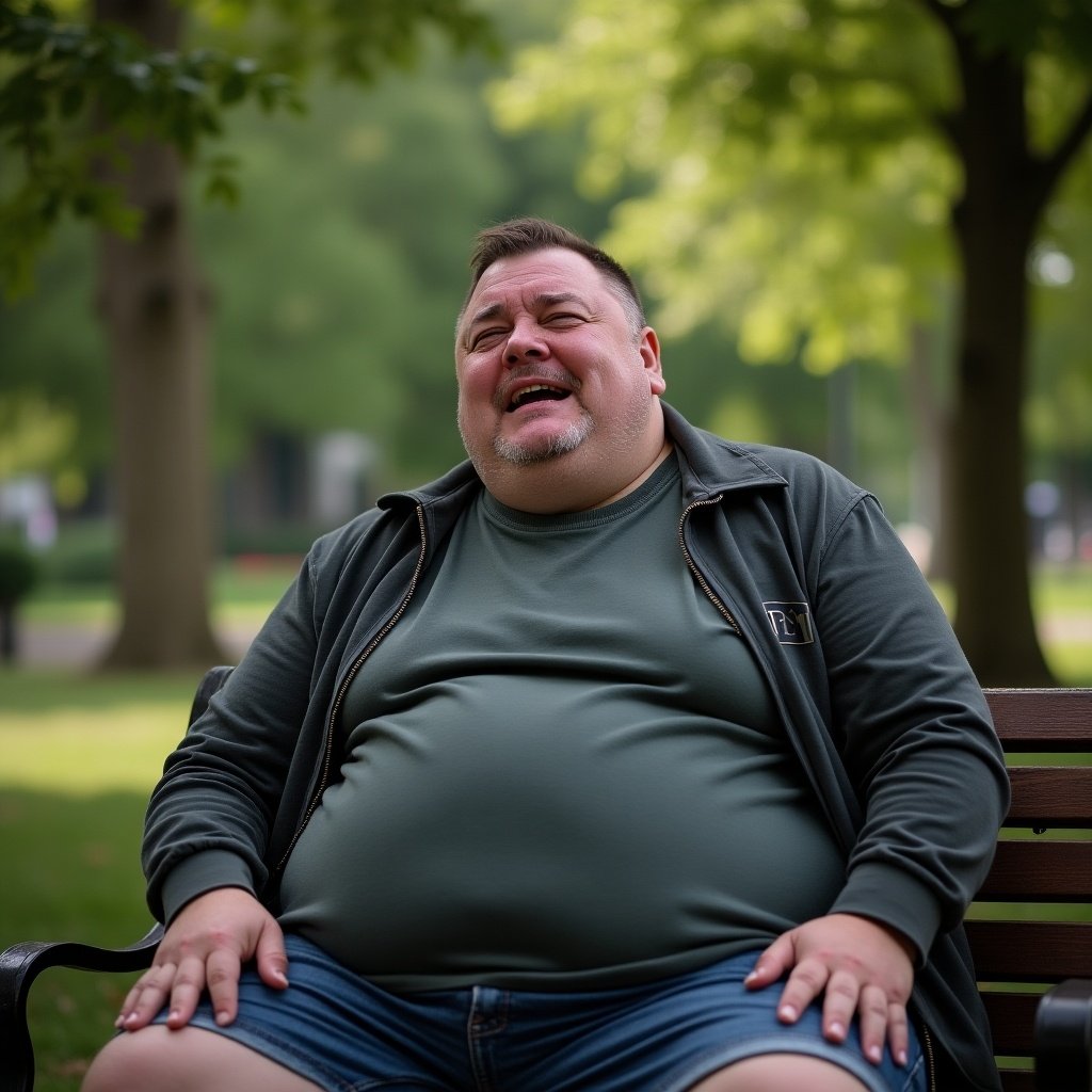 The image shows a man sitting on a park bench in a natural setting. He is visibly emotional, shedding tears as he looks up. His body language is open, and he appears to be reflecting deeply. The background features lush green foliage, enhancing the scene's emotional atmosphere. The lighting is soft, creating a gentle ambiance that complements the mood of the image.