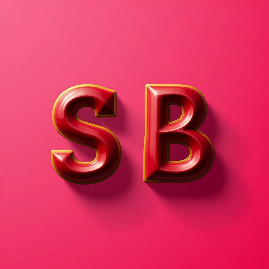 Two glossy rounded 3D letters SB in vibrant maroon and gold against a bold pink background.