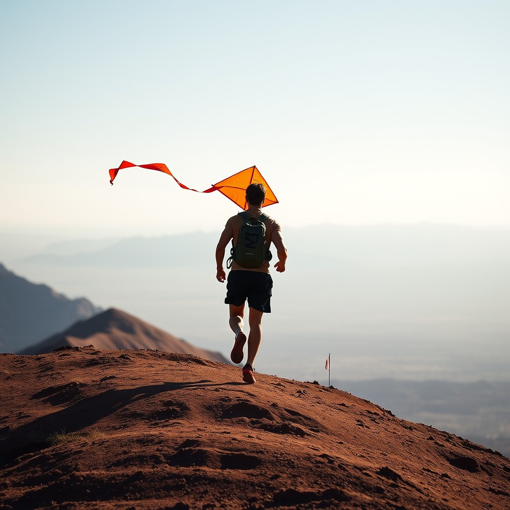 A person running on a mountain trail while flying a bright orange kite.