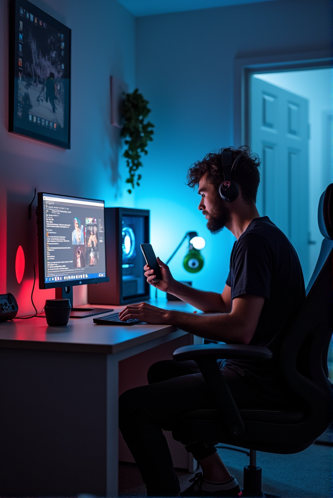 A young man in headphones sits at a computer desk, immersed in gaming with ambient blue and red lighting.