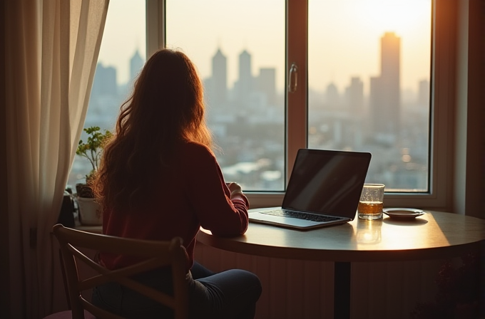 A person with long hair sits at a round table, gazing out the window at a sunset over an urban skyline, with a laptop and a glass nearby.