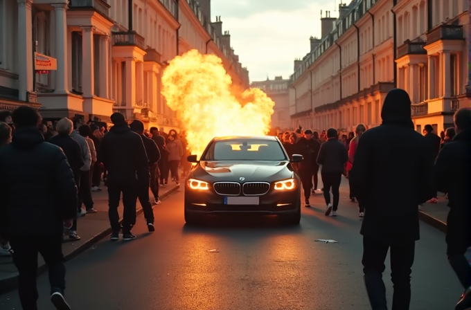 A dramatic scene of a car driving through a crowded street with an explosion in the background.