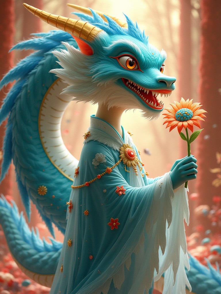 A blue dragon with gold horns stands in a magical forest. It holds a flower in one hand. The dragon has a whimsical expression. Soft lighting highlights the scene. The background is filled with colorful flora.