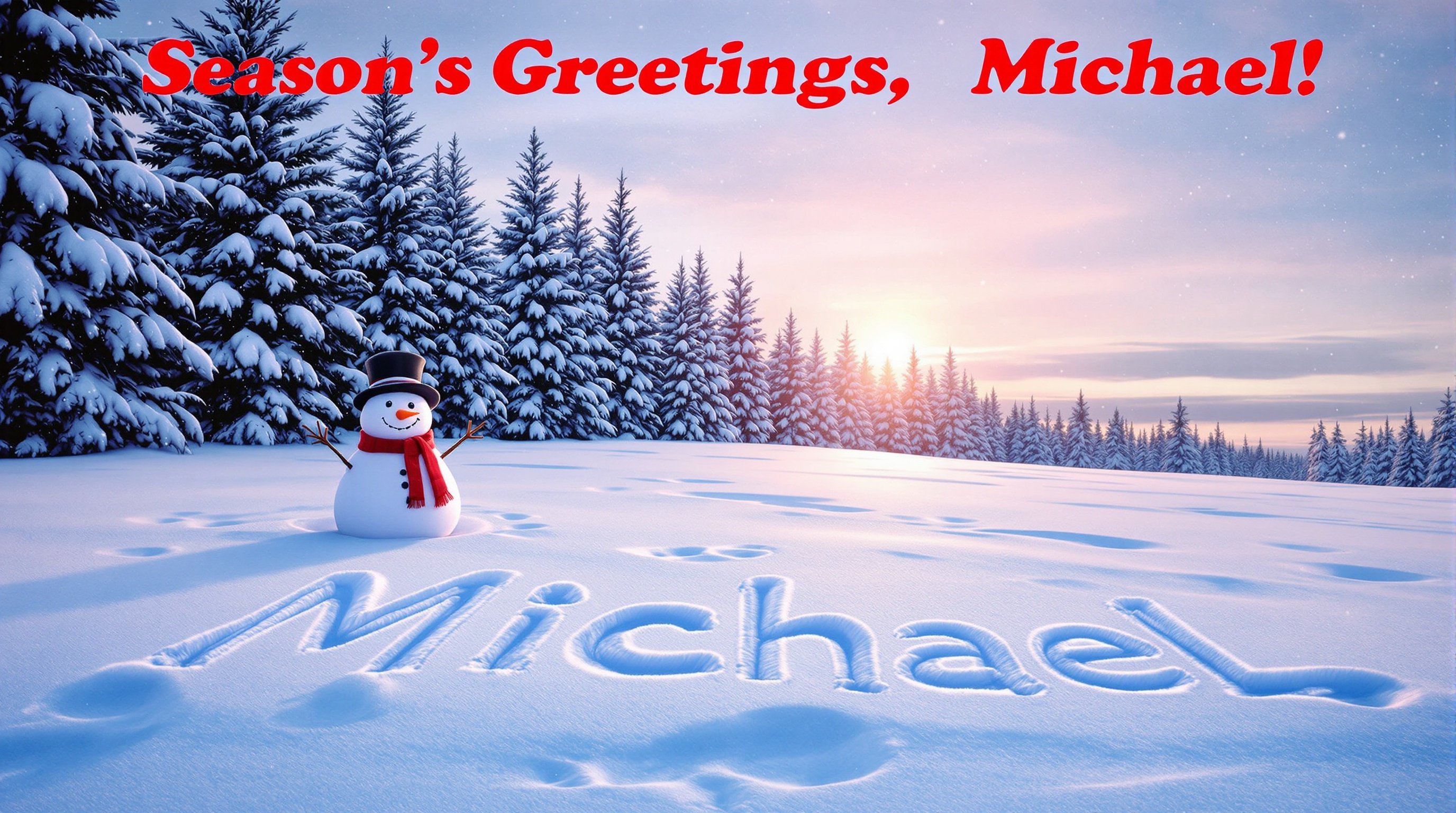 This image depicts a serene Christmas card featuring a snowy winter landscape with a cheerful snowman. The foreground has the name 'Michael' written in fresh snow, surrounded by tiny footprints. The snowman is adorned with a red scarf and a black hat. In the distance, towering evergreen trees are covered with a blanket of snow. The sky showcases a beautiful sunset with soft orange and pink hues. At the top of the image, the greeting 'Season's Greetings, Michael!' is boldly displayed in red letters.