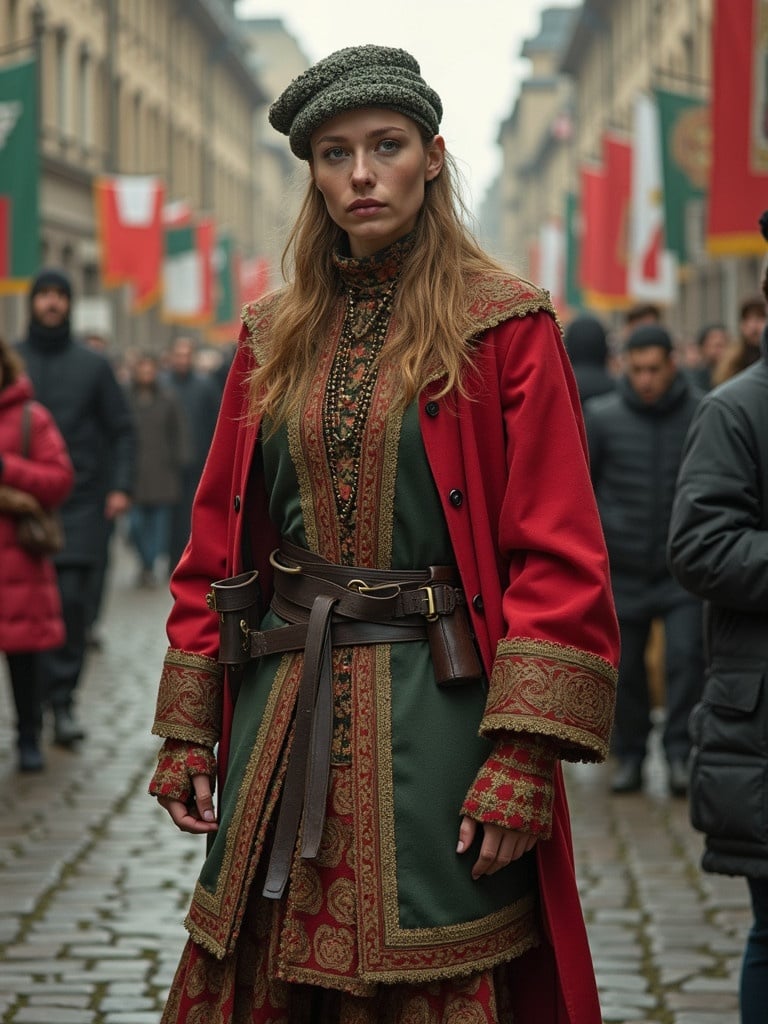 A woman dressed in traditional Lithuanian Lanzbergis attire stands on a cobblestone street. Flags adorn the surroundings indicating a festive atmosphere. The outfit features deep red and green colors with intricate patterns and accessories.