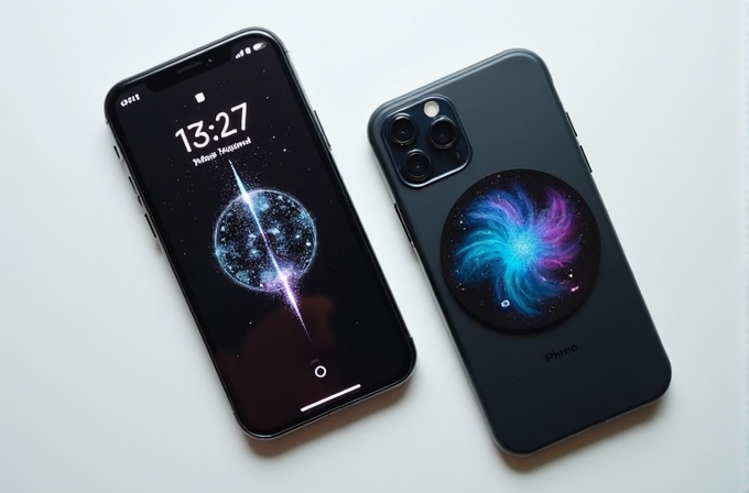 Two matching black smartphones feature cosmic-themed designs, one with an ethereal galaxy lock screen and the other adorned with a vibrant circular galaxy pattern on the back.