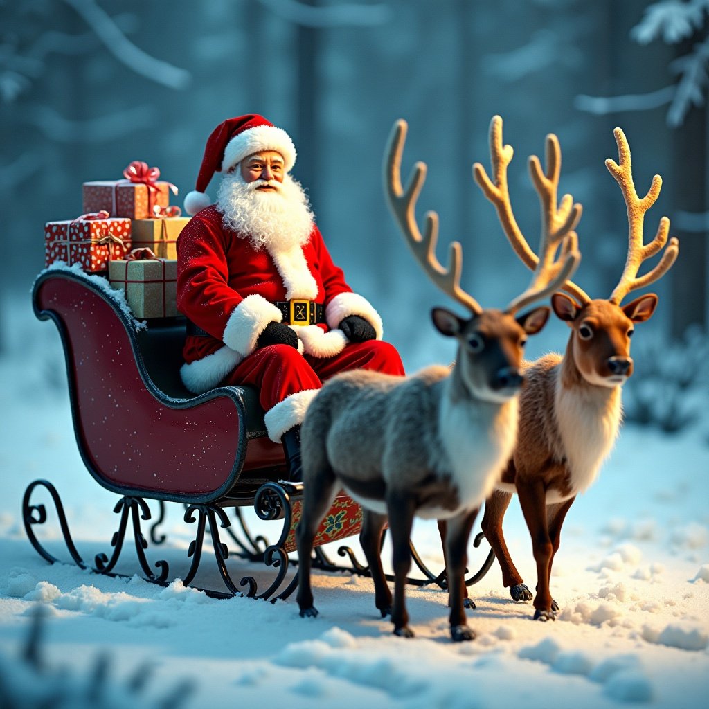 Santa in a red outfit sits on a sleigh filled with colorful gifts. Two reindeer stand beside him. The setting is snowy, evoking a holiday atmosphere. The lighting is warm and inviting. The sleigh is moving towards the viewer with an empty seat behind Santa.