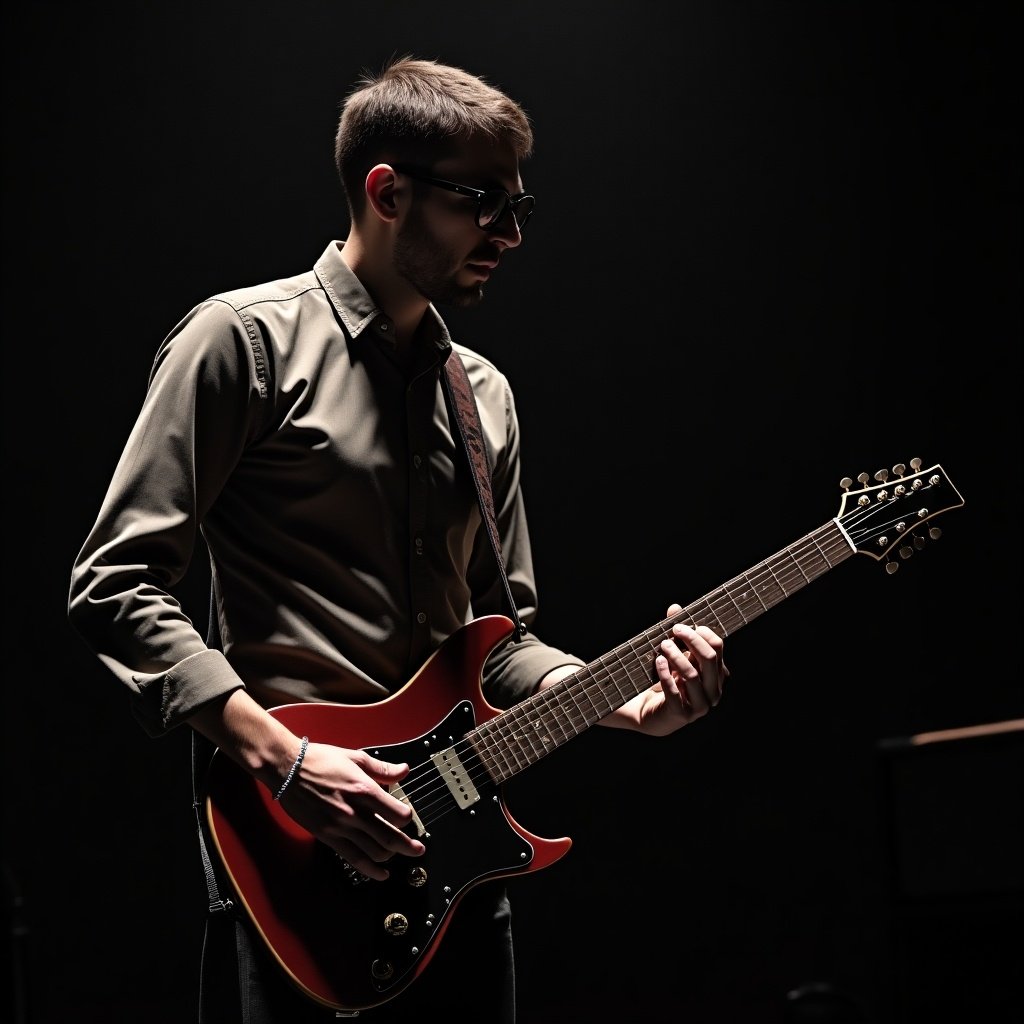 A guitarist is performing in a dimly lit space, emphasizing their silhouette against the dark background. The guitarist wears a button-up shirt and glasses, showcasing a focused expression as they play. The guitar they're holding is a bright red electric model, which contrasts with the overall darkness. The scene captures the essence of live music, highlighting the passion and skill of the musician. This visual is perfect for representing Guitarists and music performances.