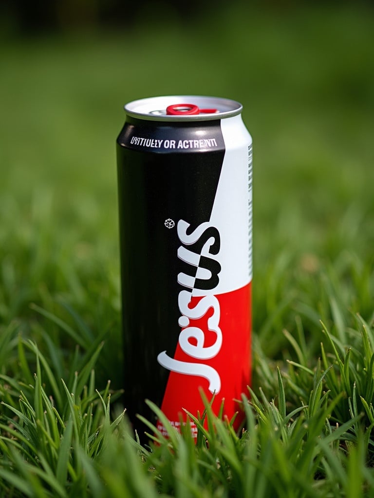 A sleek can of an energy drink labeled for 'Jesus Juice'. Can is positioned prominently on lush green grass. Color scheme is minimalistic and striking with black, white, and red. The can creates vivid contrast against the natural background. It gives a sense of energy and refreshment.