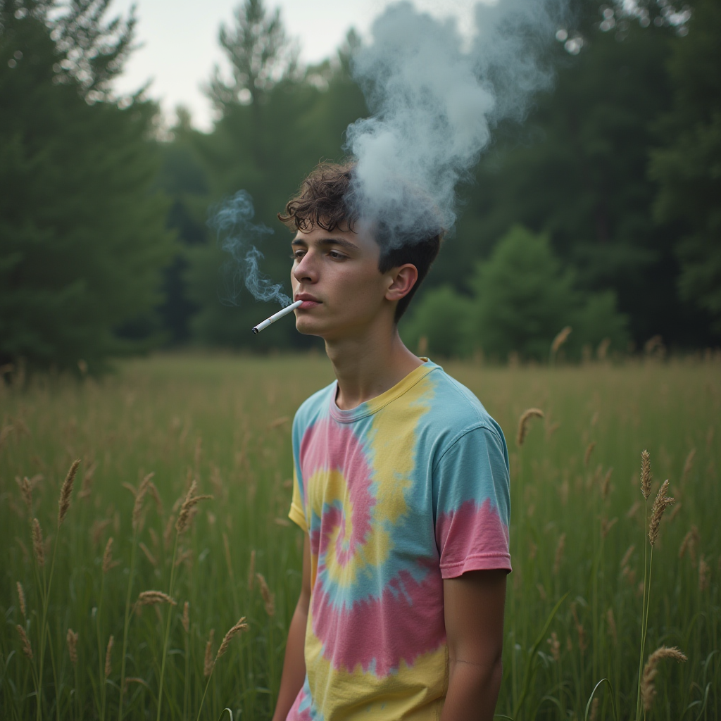 A young person with a tie-dye shirt smoking in a grassy field, surrounded by lush greenery.