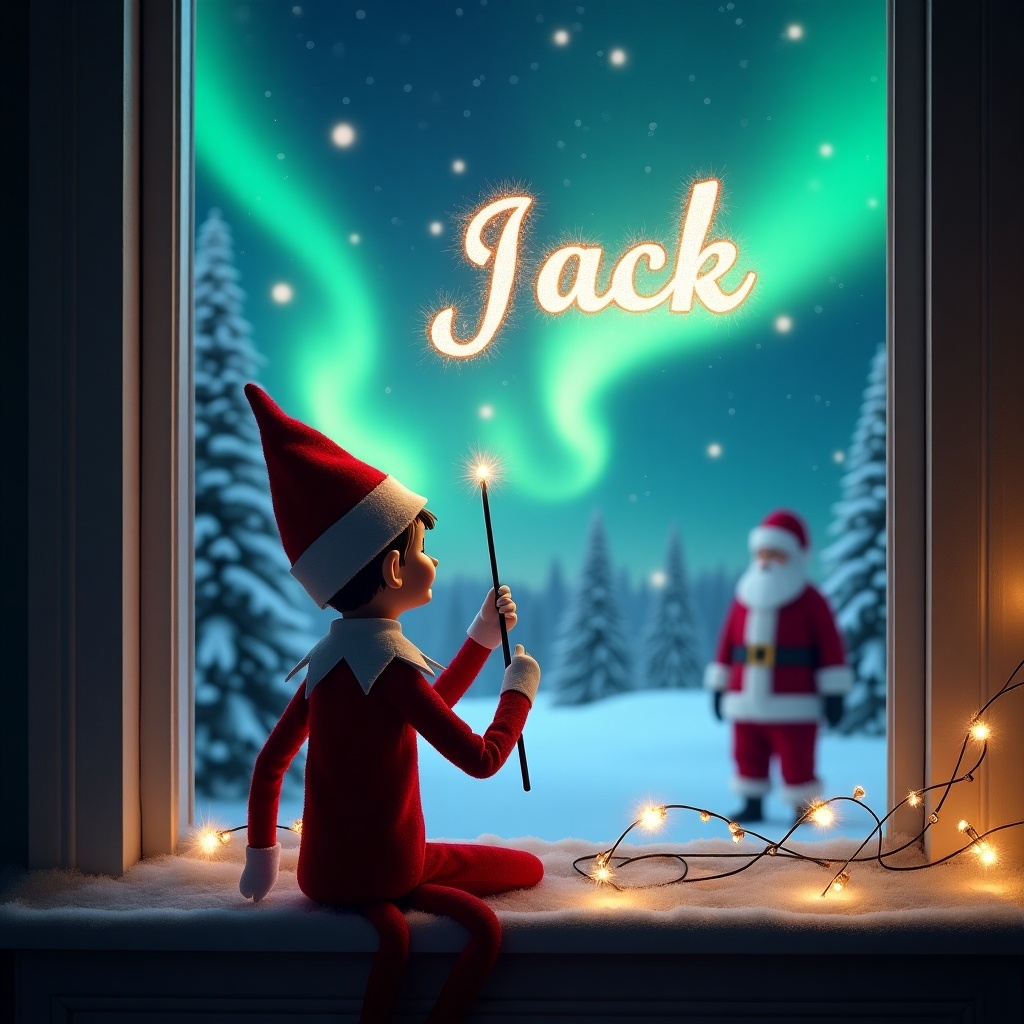 An enchanting Christmas scene captures an elf on the shelf sitting on a window sill. The elf, with his back to the viewer, is facing a vibrant night sky. He is using a wand to write 'Jack' in sparkling letters above him. Outside, the background features magical northern lights illuminating snow-covered trees. In the distance, Santa Claus adds to the festive charm, creating an atmosphere filled with wonder and holiday magic as twinkling lights enhance the enchantment.