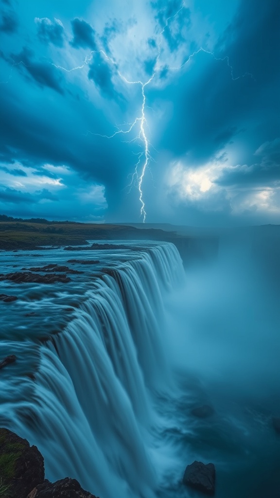 A dramatic scene depicting a lightning strike over a flowing waterfall under a stormy sky.