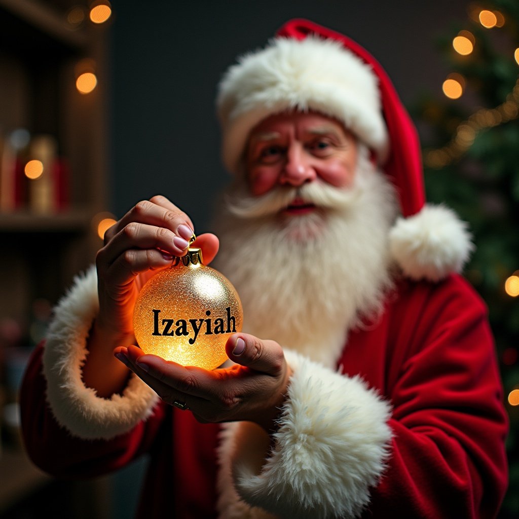 Father Christmas is holding a golden bauble which has the name 'Izayiah' beautifully printed on it. He is dressed in his traditional red suit with white trim and has a long, fluffy beard. The background is softly lit with Christmas lights, creating a festive and warm atmosphere. Santa's expression is joyful and welcoming, embodying the spirit of the holiday season. This image captures the essence of personalized Christmas gifts, making it perfect for holiday promotions.